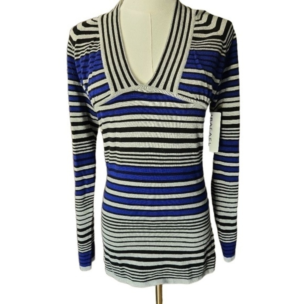 Rafael Sweater Womens Size Petite Small Blue Black Pullover VNeck Striped Modern